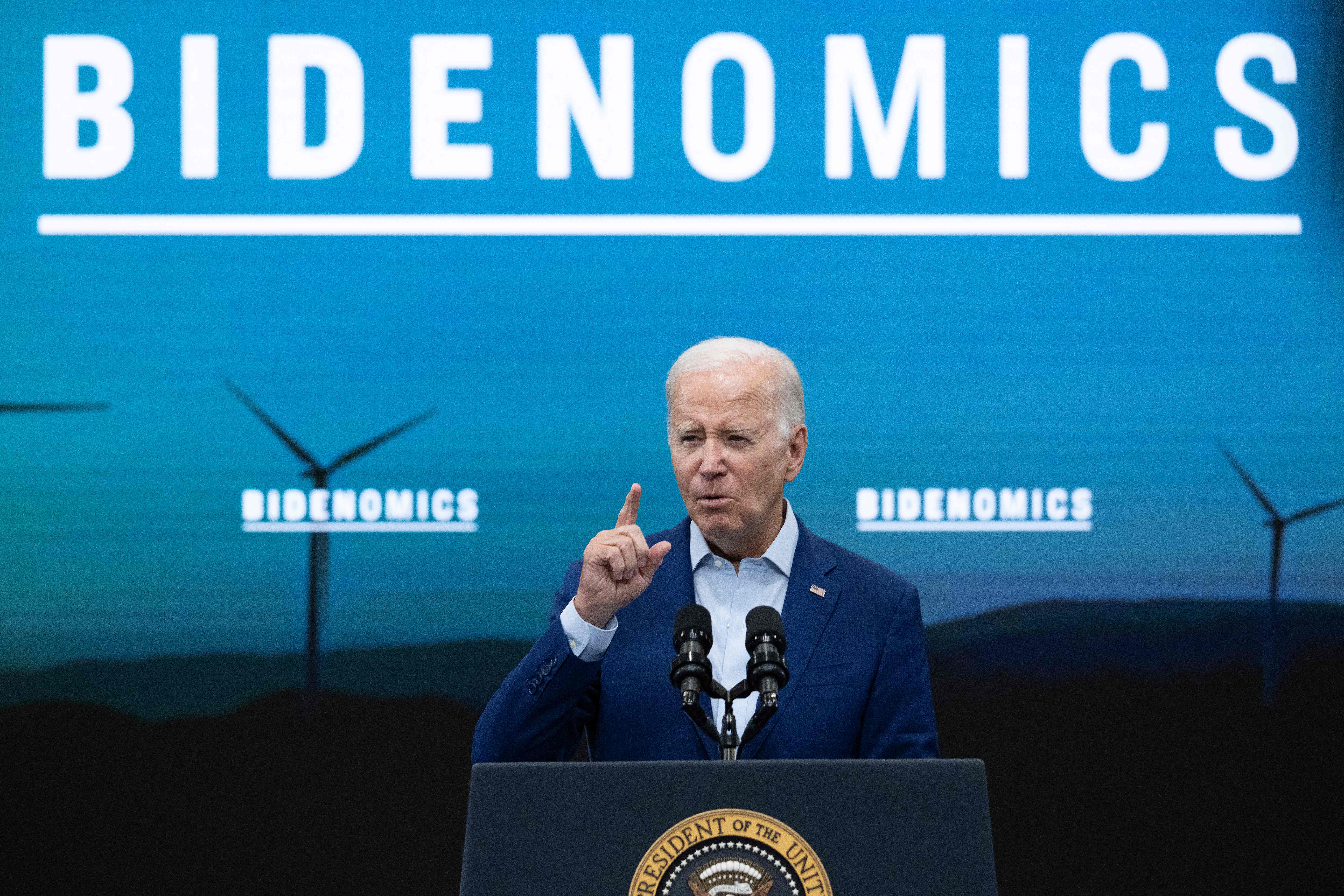 US President Joe Biden speaks on how "Bidenomics" is helping clean energy and manufacturing, at Arcosa Wind Towers in Albuquerque, New Mexico, on August 9, 2023. (Photo by Jim WATSON / AFP) / "The erroneous mention[s] appearing in the metadata of this photo by Jim WATSON has been modified in AFP systems in the following manner: [---] instead of [---]. Please immediately remove the erroneous mention[s] from all your online services and delete it (them) from your servers. If you have been authorized by AFP to distribute it (them) to third parties, please ensure that the same actions are carried out by them. Failure to promptly comply with these instructions will entail liability on your part for any continued or post notification usage. Therefore we thank you very much for all your attention and prompt action. We are sorry for the inconvenience this notification may cause and remain at your disposal for any further information you may require." (Photo by JIM WATSON/AFP via Getty Images)