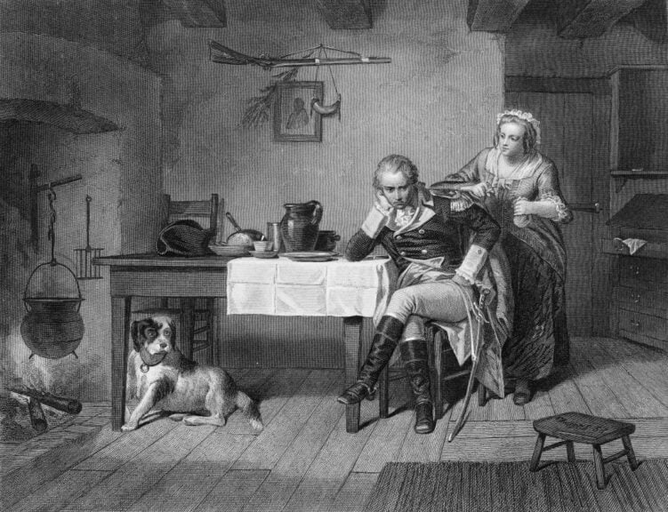 Major General Nathanael Greene (1742 - 1786) of the Continental Army receives unexpected funds from innkeeper Elizabeth Maxwell Steele at her tavern in Salisbury, North Carolina, during the American Revolutionary War, 2nd February 1781. Engraved by J. B. Hall after a painting by Alonzo Chappel. (Photo by Kean Collection/Getty Images)