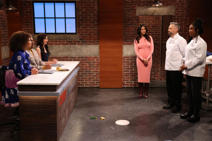 SATURDAY NIGHT LIVE -- "Nate Bargatze, Foo Fighters" Episode 1847 -- Pictured: (l-r) Punkie Johnson, Kenan Thompson, Heidi Gardner, Padma Lakshmi, host Nate Bargatze, and Ego Nwodim during the "Chef Show" sketch on Saturday, October 28, 2023 -- (Photo by: Will Heath/NBC via Getty Images)