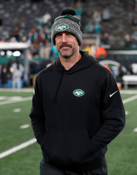 EAST RUTHERFORD, NEW JERSEY - NOVEMBER 24: (NEW YORK DAILIES OUT) Aaron Rodgers #8 of the New York Jets looks on after a game against the Miami Dolphins at MetLife Stadium on November 24, 2023 in East Rutherford, New Jersey. The Dolphins defeated the Jets 34-13. (Photo by Jim McIsaac/Getty Images)