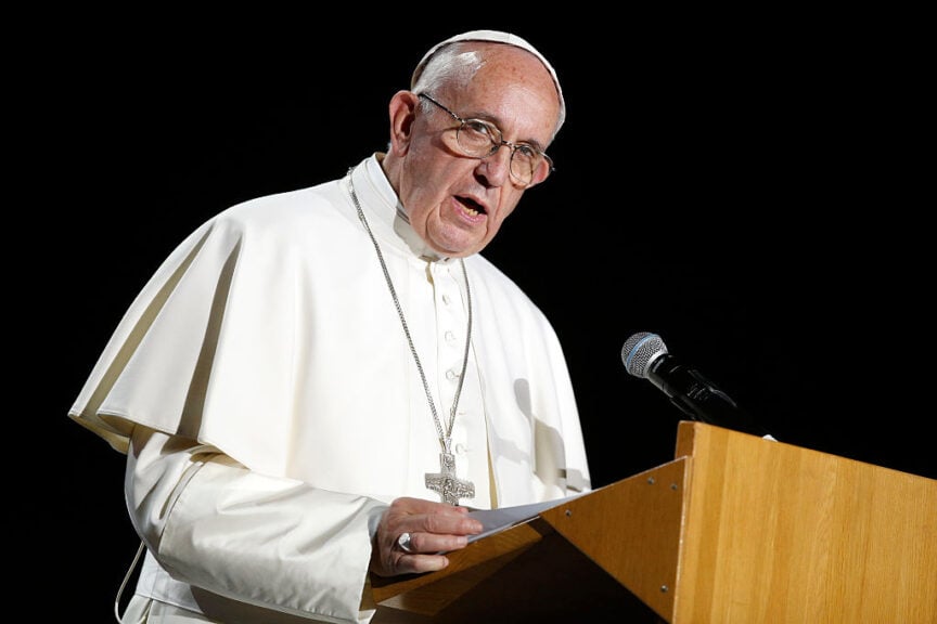 MALMO, SWEDEN - OCTOBER 31: Pope Francis gives a speech during the 'Together in Hope' event at Malmo Arena on October 31, 2016 in Malmo, Sweden. The Pope is on 2 days visit attending Catholic-Lutheran Commemoration in Lund and Malmo. (Photo by Michael Campanella/Getty Images)