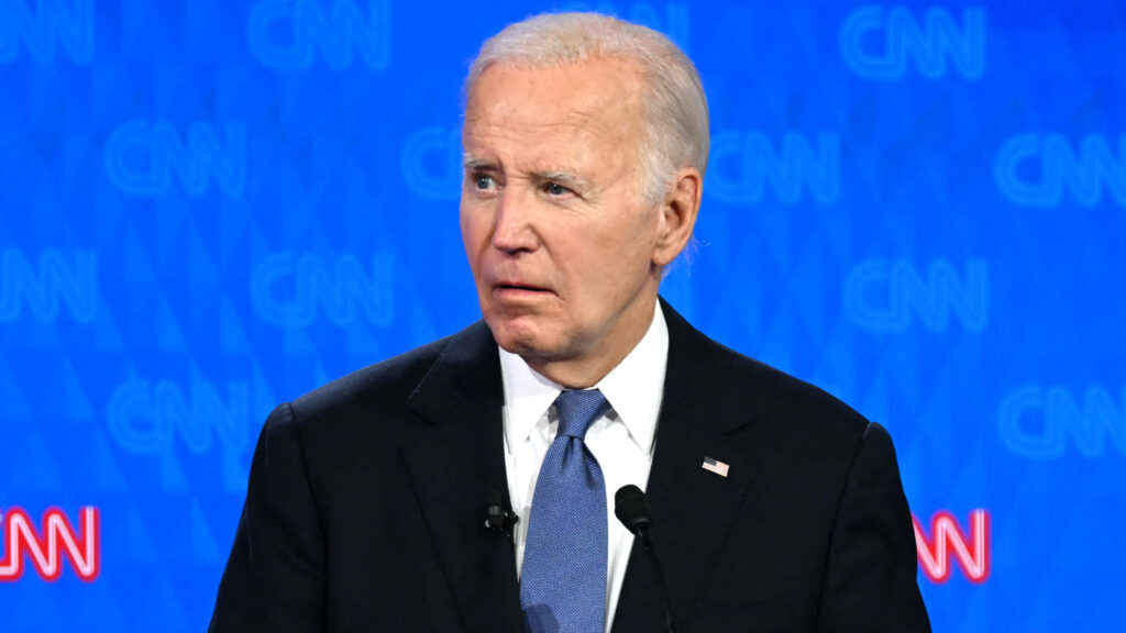US President Joe Biden looks on as he participates in the first presidential debate of the 2024 elections with former US President and Republican presidential candidate Donald Trump at CNN's studios in Atlanta, Georgia, on June 27, 2024.