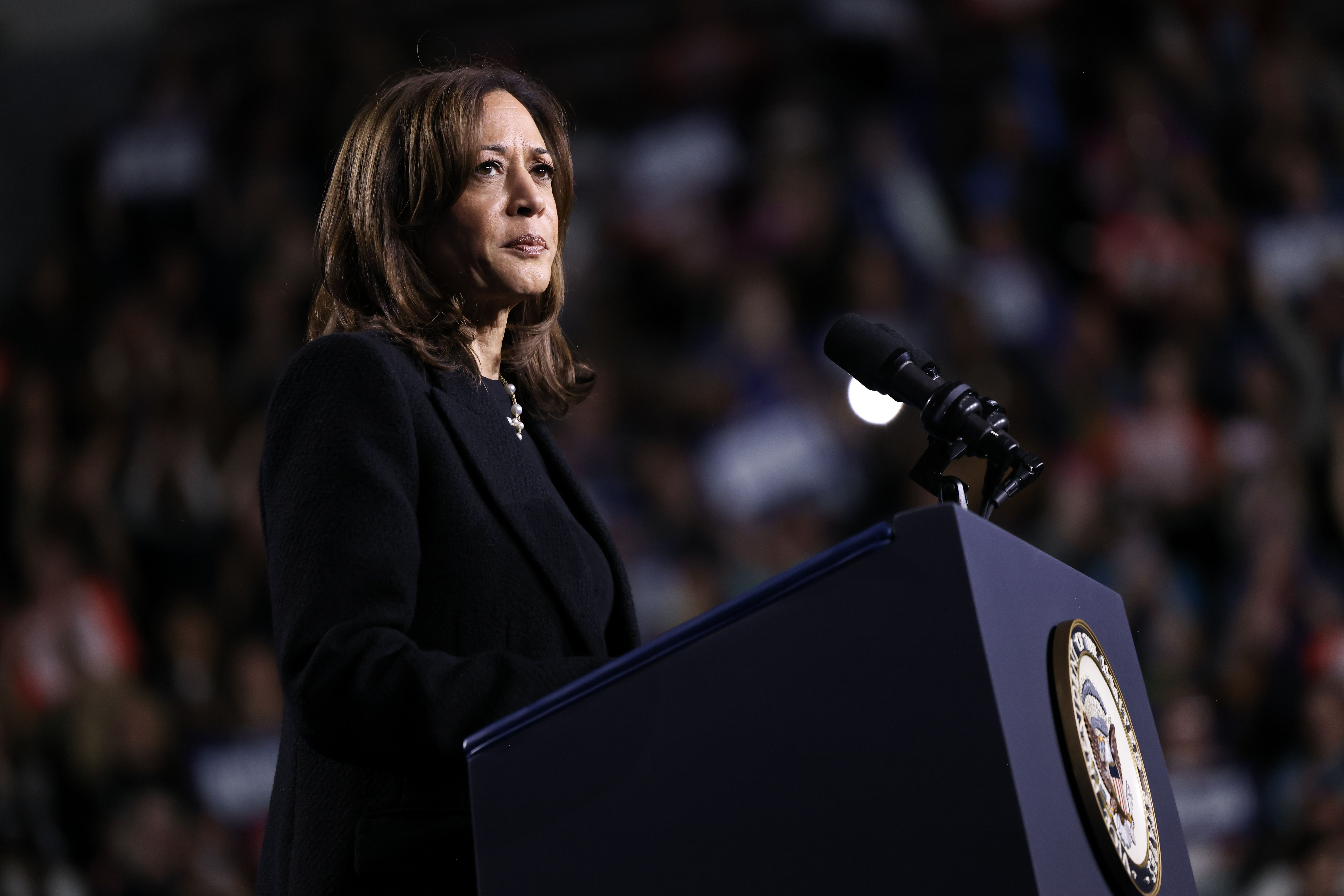 Democratic presidential nominee, U.S. Vice President Kamala Harris speaks at a campaign rally on November 04, 2024 in Allentown, Pennsylvania.