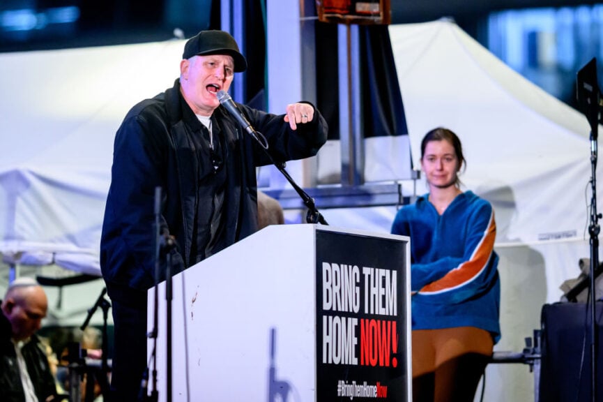 TEL AVIV, ISRAEL - FEBRUARY 24: Michael Rapaport speaks to the crowd as people gather outside the HaKirya base which serves as the IDF’s headquarters to demand the return of the hostages held by Hamas on February 24, 2024 in Tel Aviv, Israel.” Frustrations with the government have grown as over 100 hostages remain captive in Gaza, after more than four months of war between Israel and Hamas, the Palestinian militant group that attacked Israel on Oct. 7. (Photo by Roy Rochlin/Getty Images)