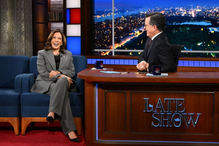 NEW YORK CITY - OCTOBER 8: The Late Show with Stephen Colbert and guest Vice President Kamala Harris during Tuesday's October 8, 2024 show. (Photo by Scott Kowalchyk/CBS via Getty Images)