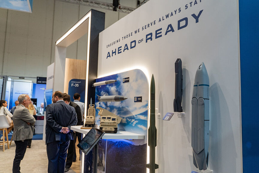A display of missiles and drones at the Lockheed Martin Corp. booth at the DEFEA international defense exhibition in Athens, Greece, on Wednesday, May 7, 2025. The Defence Exhibition Athens takes place between May 6 to May 8. Photographer: Nick Paleologos/Bloomberg via Getty Images