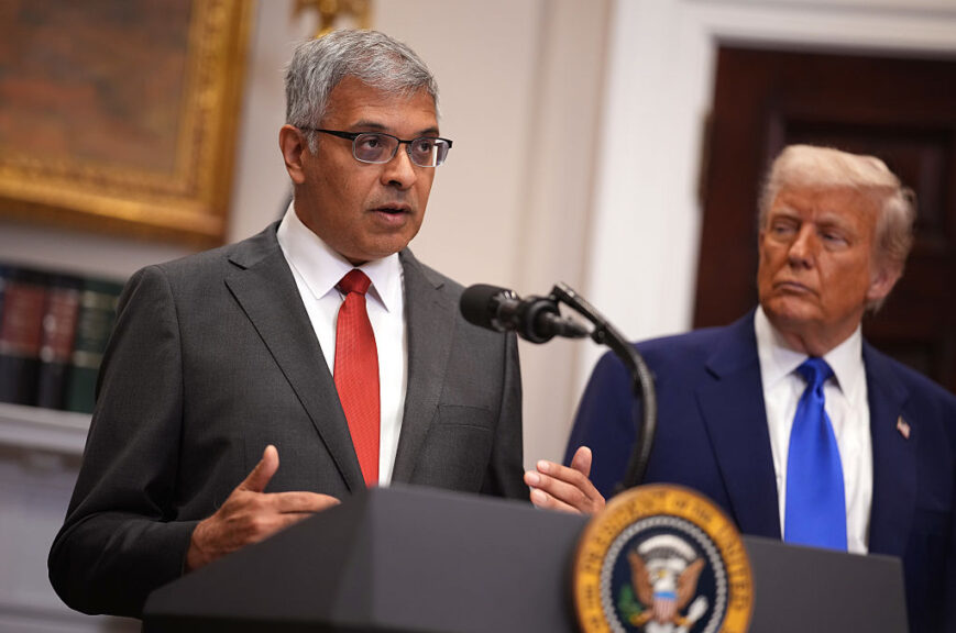 WASHINGTON, DC - MAY 12: National Institutes of Health (NIH) Director Jay Bhattacharya speaks alongside President Donald Trump during a press conference in the Roosevelt Room of the White House on May 12, 2025, in Washington, DC. During the event, President Trump signed an executive order aimed at reducing the cost of prescription drugs and pharmaceuticals by 30% to 80%. (Photo by Andrew Harnik/Getty Images)