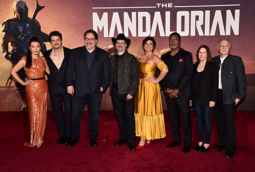 HOLLYWOOD, CALIFORNIA - NOVEMBER 13: (L-R) Ming-Na Wen, Pedro Pascal, Executive Producer Jon Favreau, Executive Producer/Director Dave Filoni, Gina Carano, Carl Weathers, Executive Producer Kathleen Kennedy and Werner Herzog arrive at the premiere of Lucasfilm's first-ever, live-action series, "The Mandalorian," at the El Capitan Theatre in Hollywood, Calif. on November 13, 2019. "The Mandalorian" streams exclusively on Disney+. (Photo by Alberto E. Rodriguez/Getty Images for Disney)