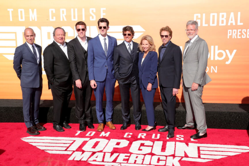 SAN DIEGO, CALIFORNIA - MAY 04: (L-R) Brian Robbins, President & CEO, Paramount Pictures, Bob Bakish, President and CEO, Paramount Global, David Ellison, Joseph Kosinski, Tom Cruise, Shari Redstone, Non-Executive Chairwoman, Paramount Global, Jerry Bruckheimer and Christopher McQuarrie attends the Global Premiere of "Top Gun: Maverick" on May 04, 2022 in San Diego, California. (Photo by Leon Bennett/Getty Images for Paramount Pictures)