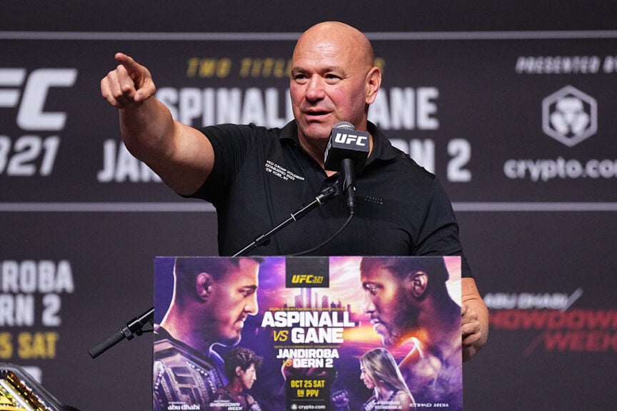 ABU DHABI, UNITED ARAB EMIRATES - OCTOBER 23: UFC President and CEO Dana White is seen on stage during the UFC 321 press conference at Etihad Arena on October 23, 2025 in Abu Dhabi, United Arab Emirates. (Photo by Jeff Bottari/Zuffa LLC)